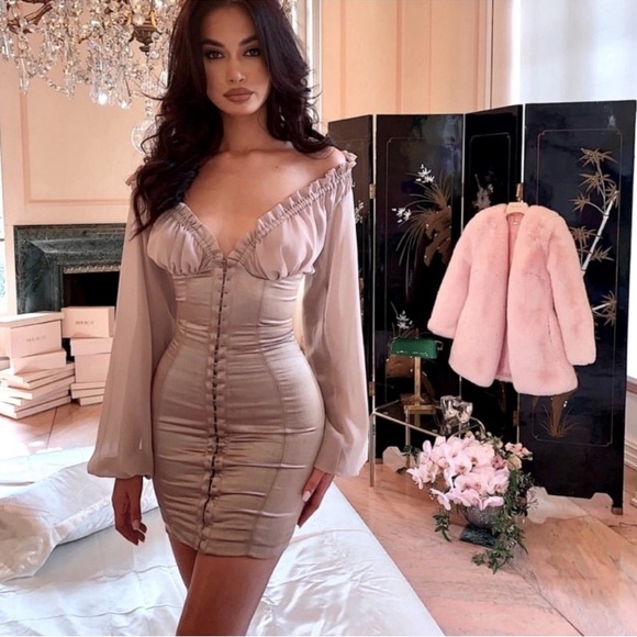 House of CB Gia Bustier Corset Long Sleeve Satin Billowy Sleeve Mini Dress XS - Picture 2 of 14